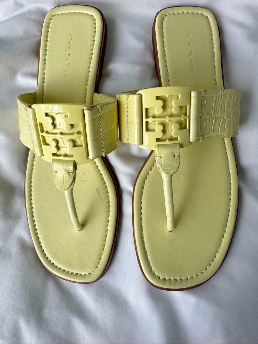 Tory Burch Pale Yellow Patent Logo Thong Sandals